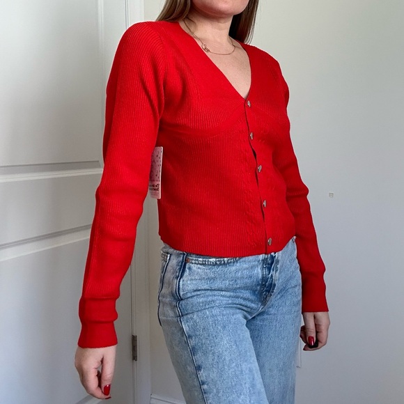 V-neck Ribbed Long Sleeve Snap Front Cardigan - Picture 3 of 9